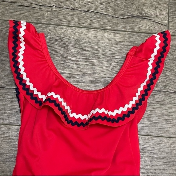 Janie and Jack Swimsuit Girls Red White Ruffle One Piece Ric Rac Retro Sz 6-12 M - Picture 2 of 7